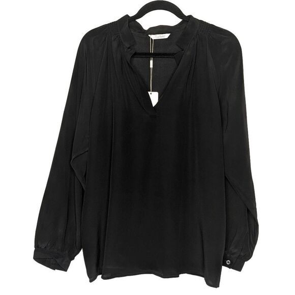 Tucker Long Sleeve Polo Blouse Black in Crepe de Chine Silk Top - Picture 1 of 7